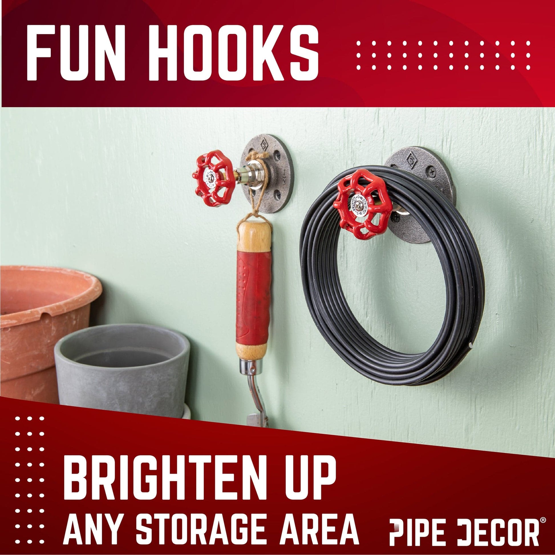 Red Industrial Spigot Wall Hook with Flange (2-Pack) PIPE DECOR