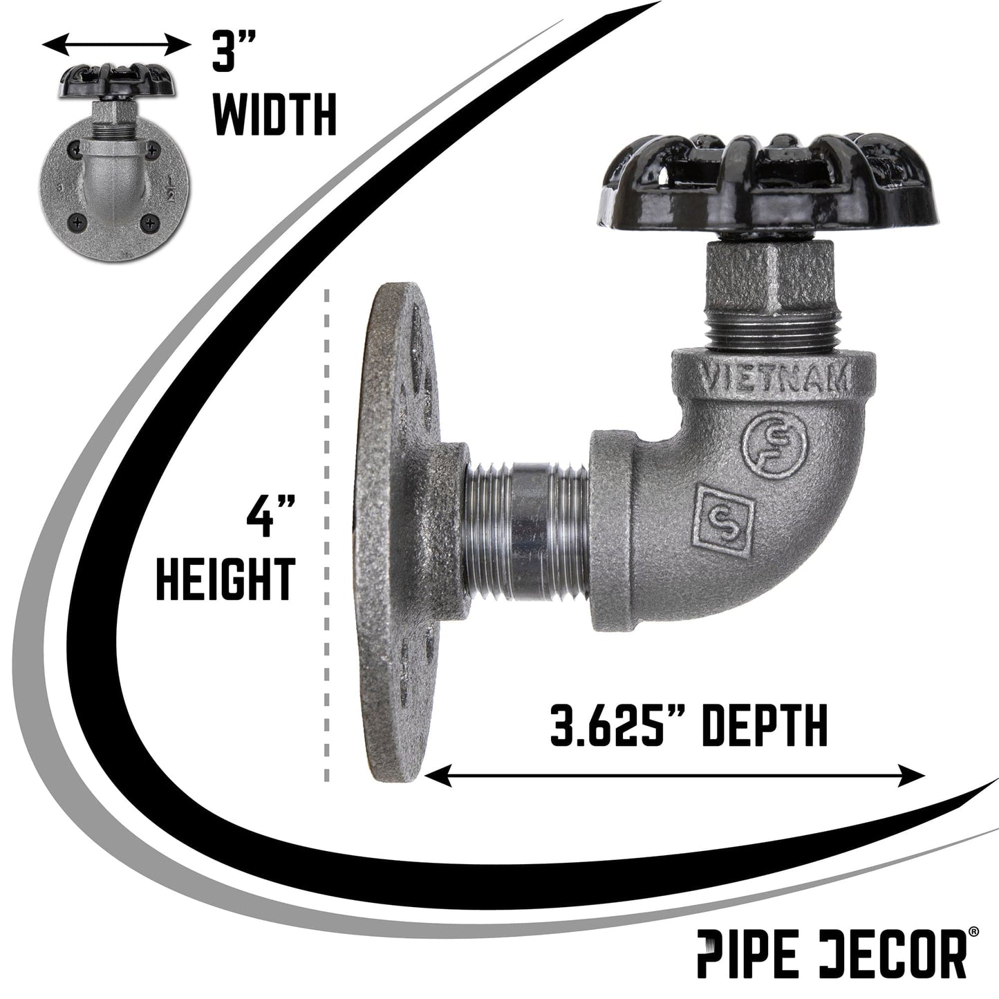 Black Industrial Curved Spigot Wall Hook with Flange (2-Pack) PIPE DECOR