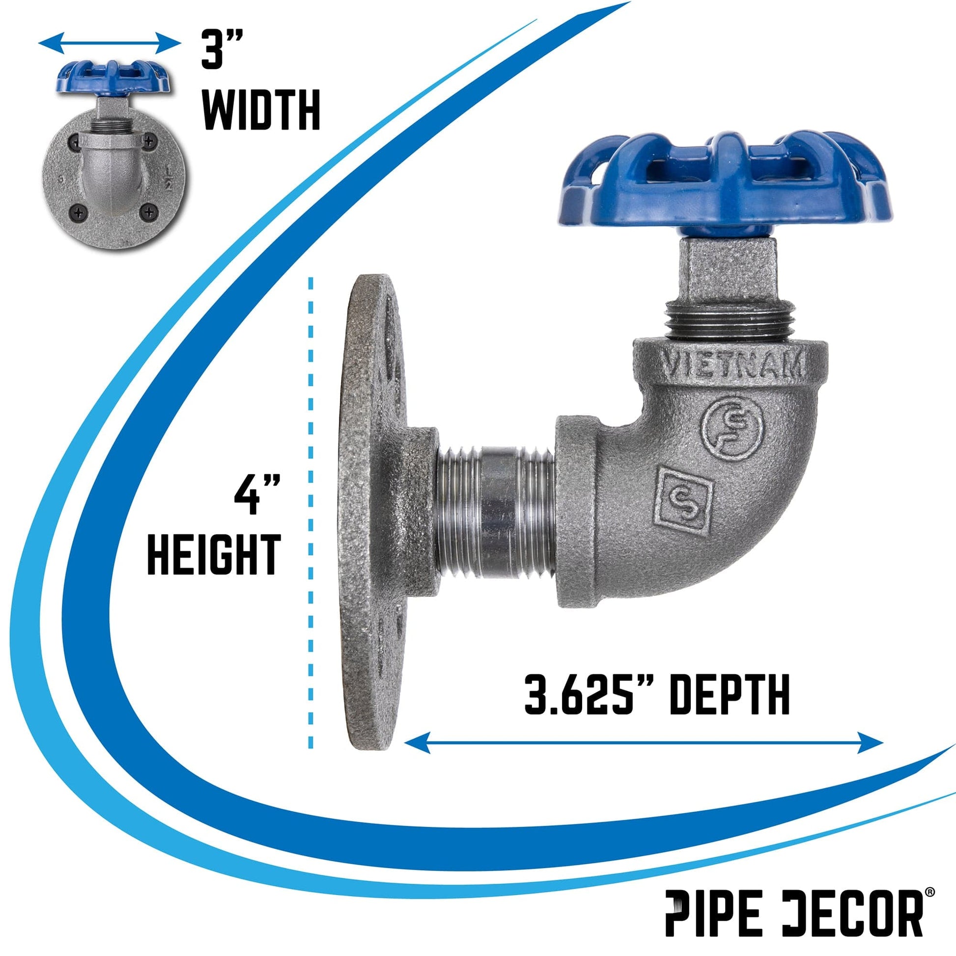 Blue Industrial Curved Spigot Wall Hook with Flange (2-Pack) PIPE DECOR