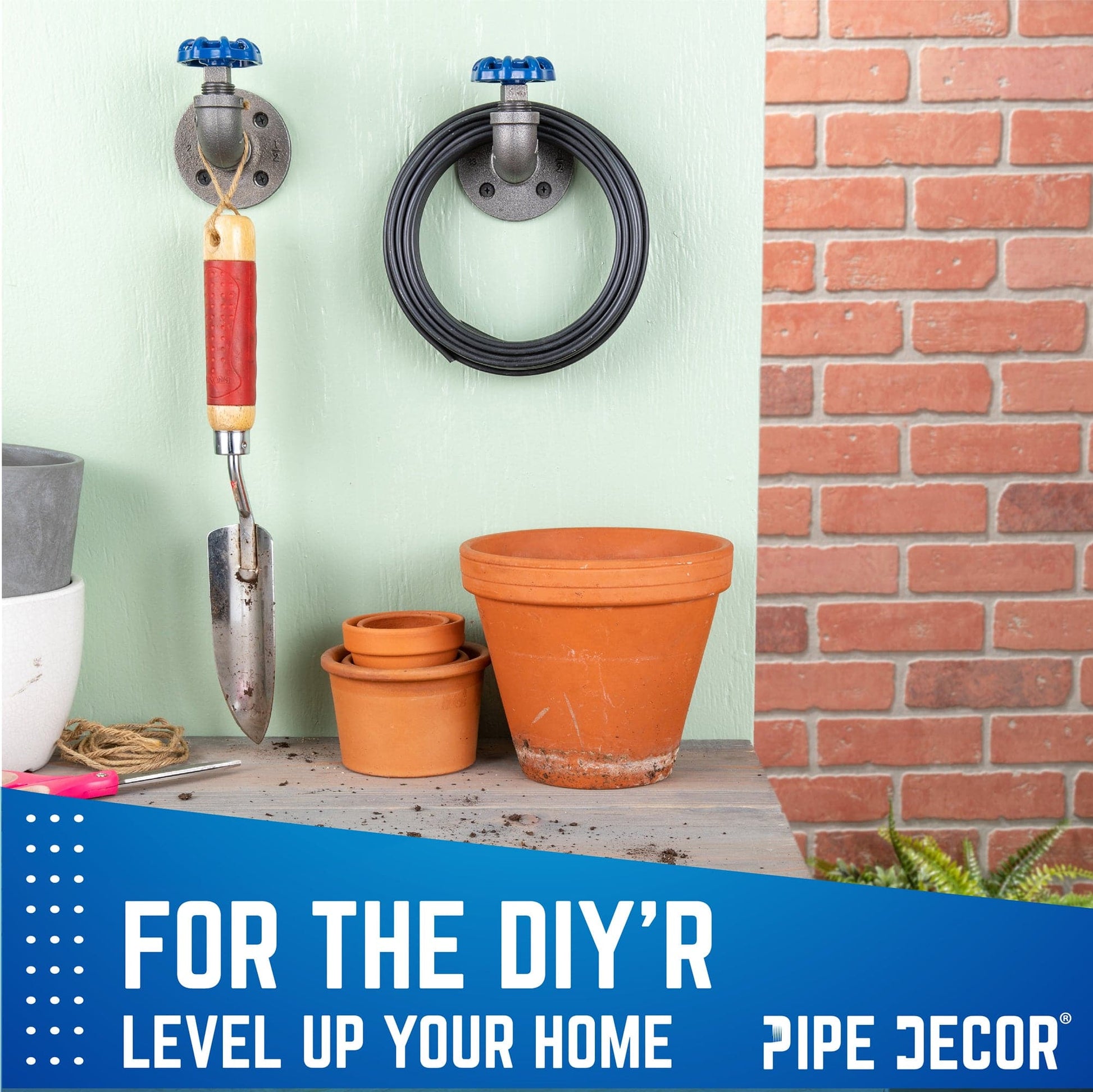 Blue Industrial Curved Spigot Wall Hook with Flange (2-Pack) PIPE DECOR