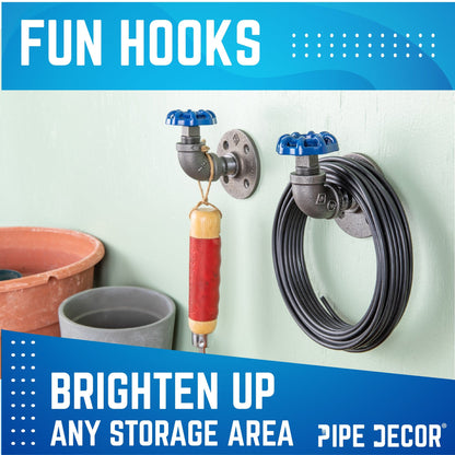 Blue Industrial Curved Spigot Wall Hook with Flange (2-Pack) PIPE DECOR