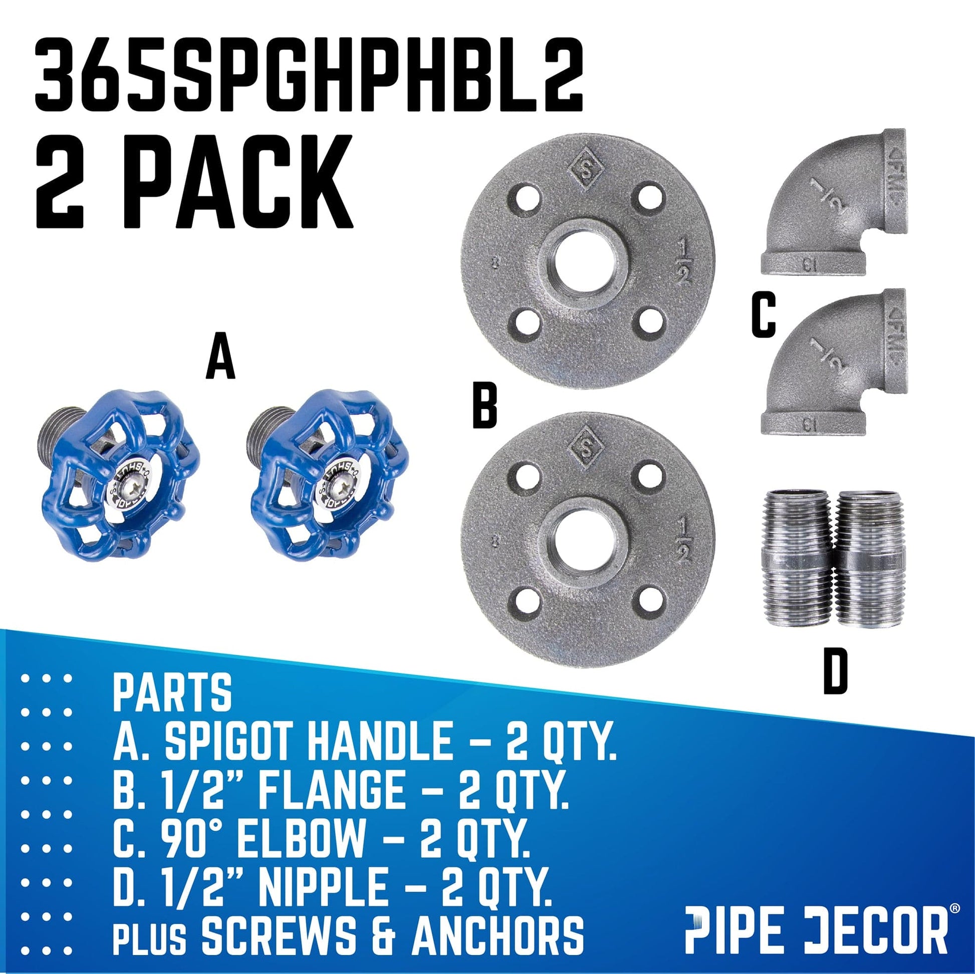 Blue Industrial Curved Spigot Wall Hook with Flange (2-Pack) PIPE DECOR