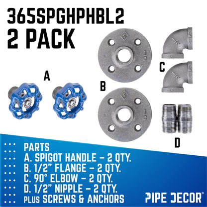 Blue Industrial Curved Spigot Wall Hook with Flange (2-Pack) PIPE DECOR