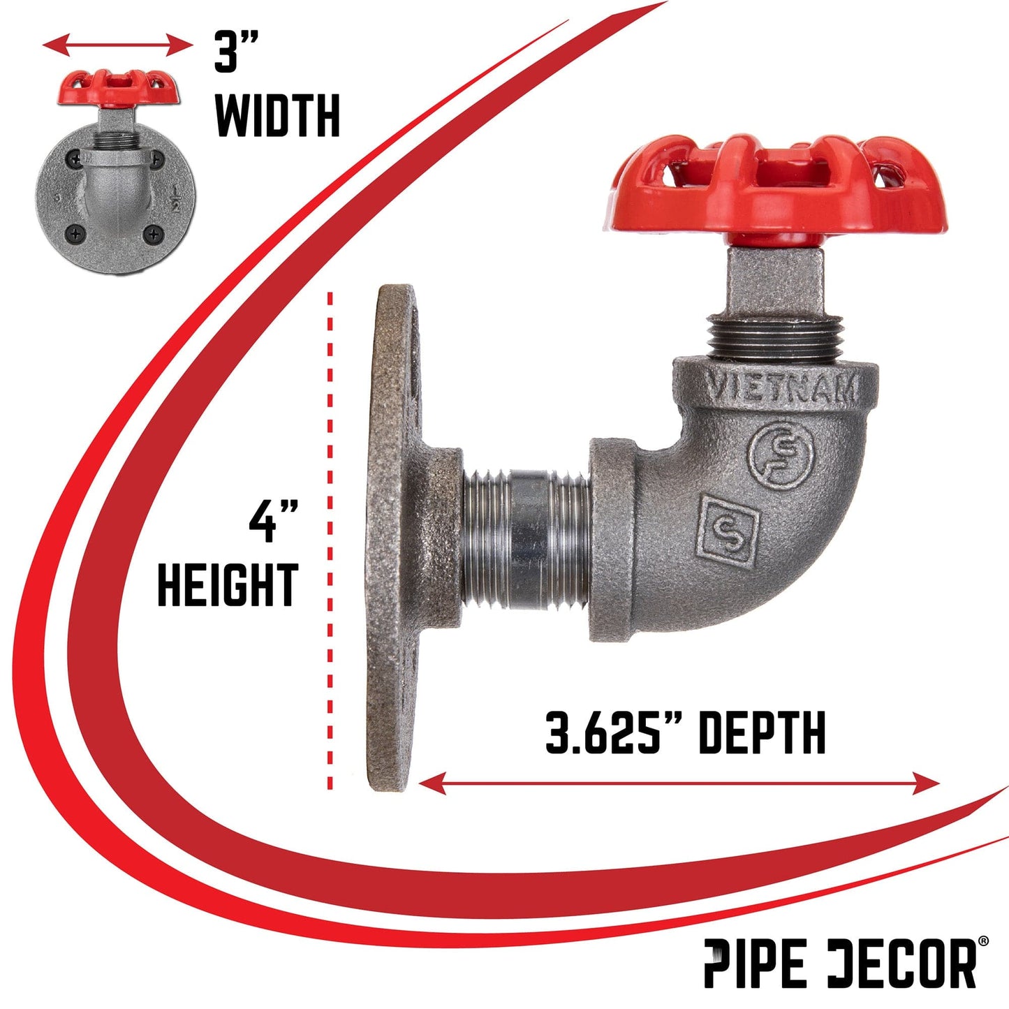 Red Industrial Curved Spigot Wall Hook with Flange (2-Pack) PIPE DECOR