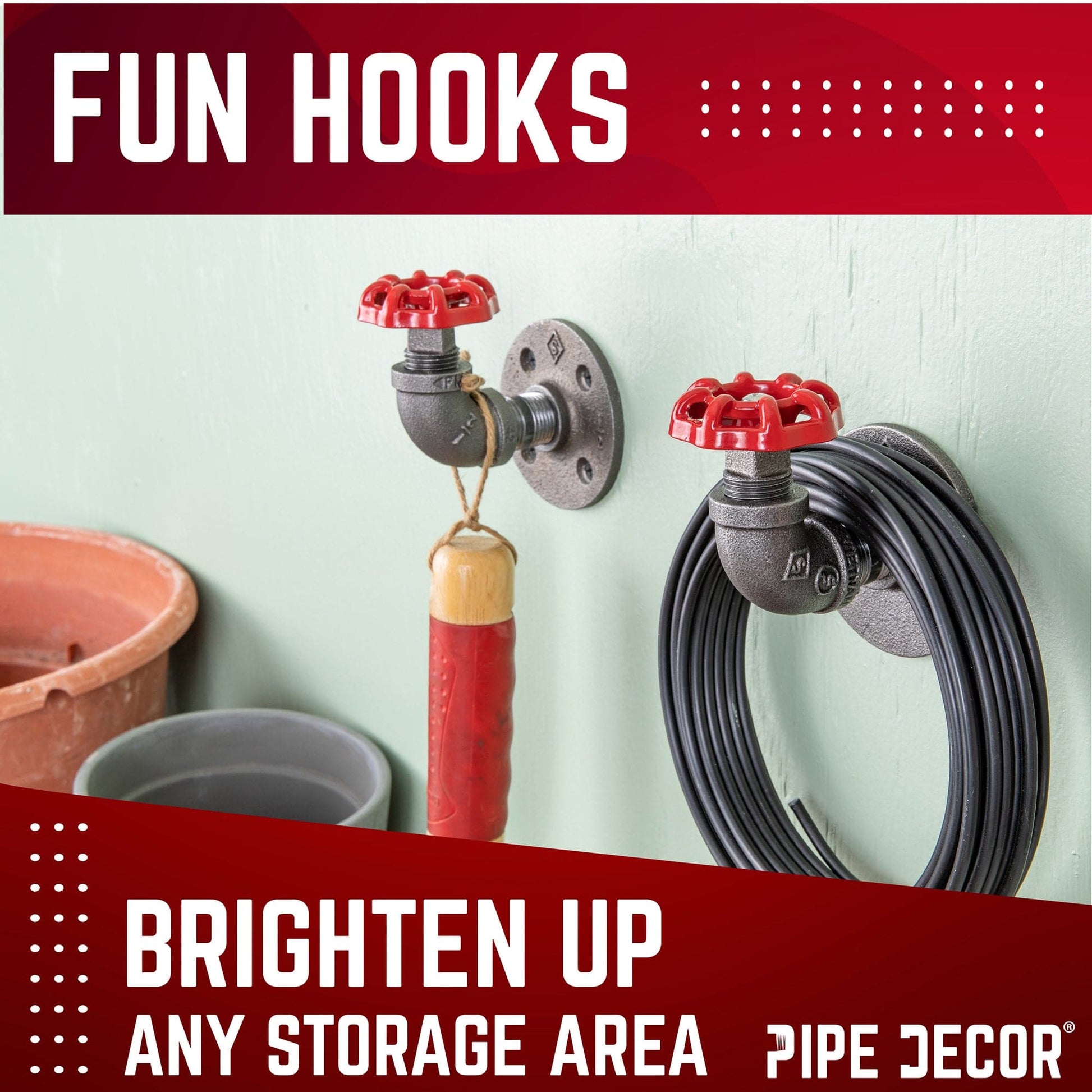 Red Industrial Curved Spigot Wall Hook with Flange (2-Pack) PIPE DECOR