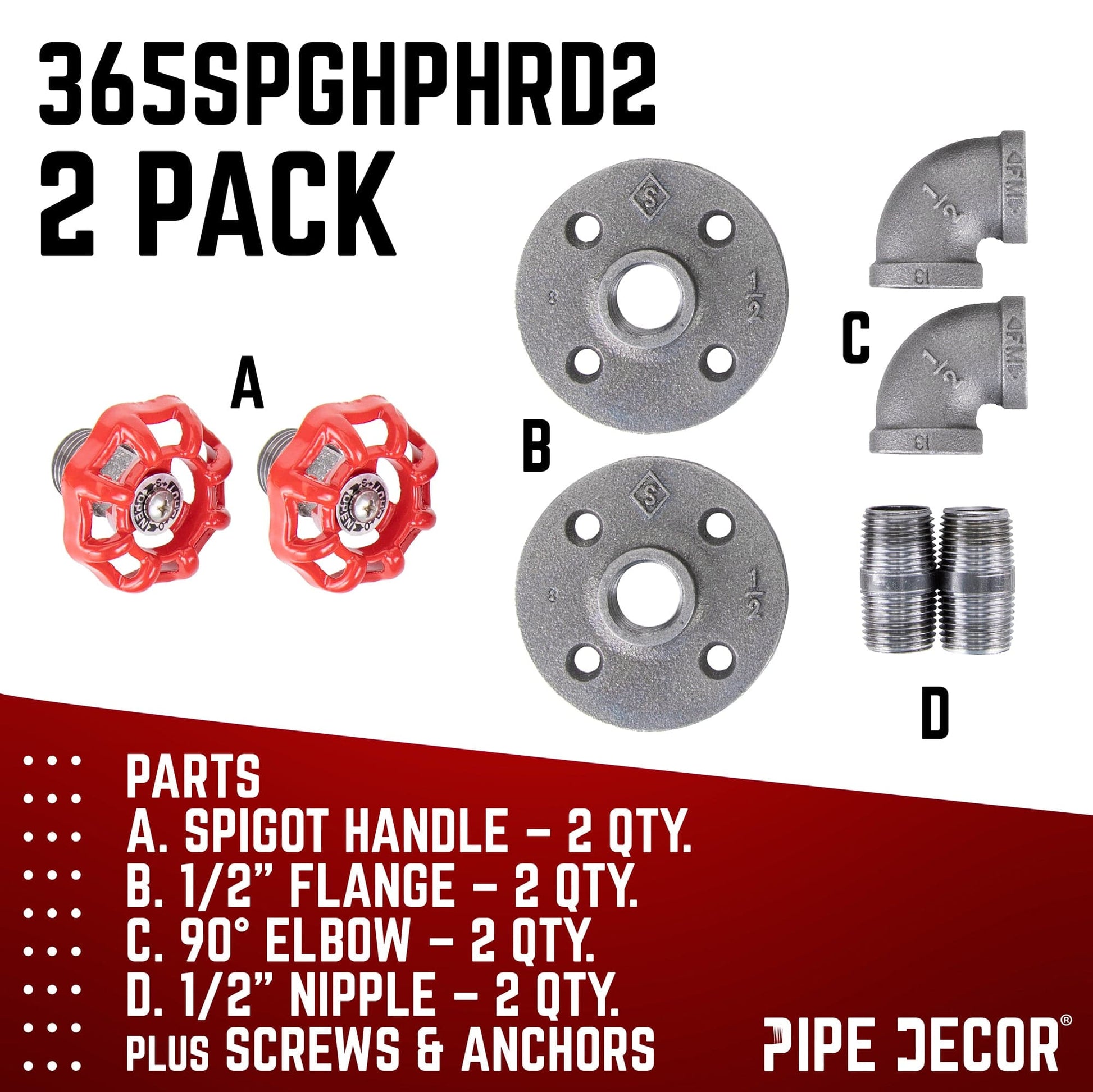 Red Industrial Curved Spigot Wall Hook with Flange (2-Pack) PIPE DECOR
