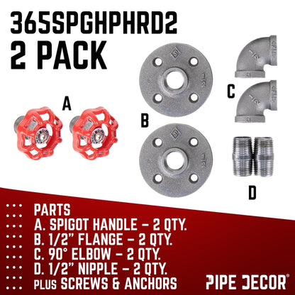 Red Industrial Curved Spigot Wall Hook with Flange (2-Pack) PIPE DECOR
