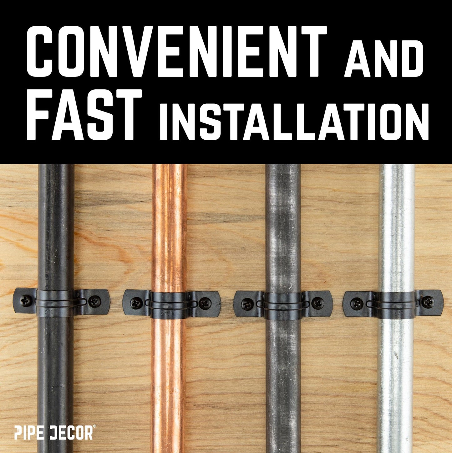 Black Steel U-shaped Pipe Straps for ½” Pipe PIPE DECOR