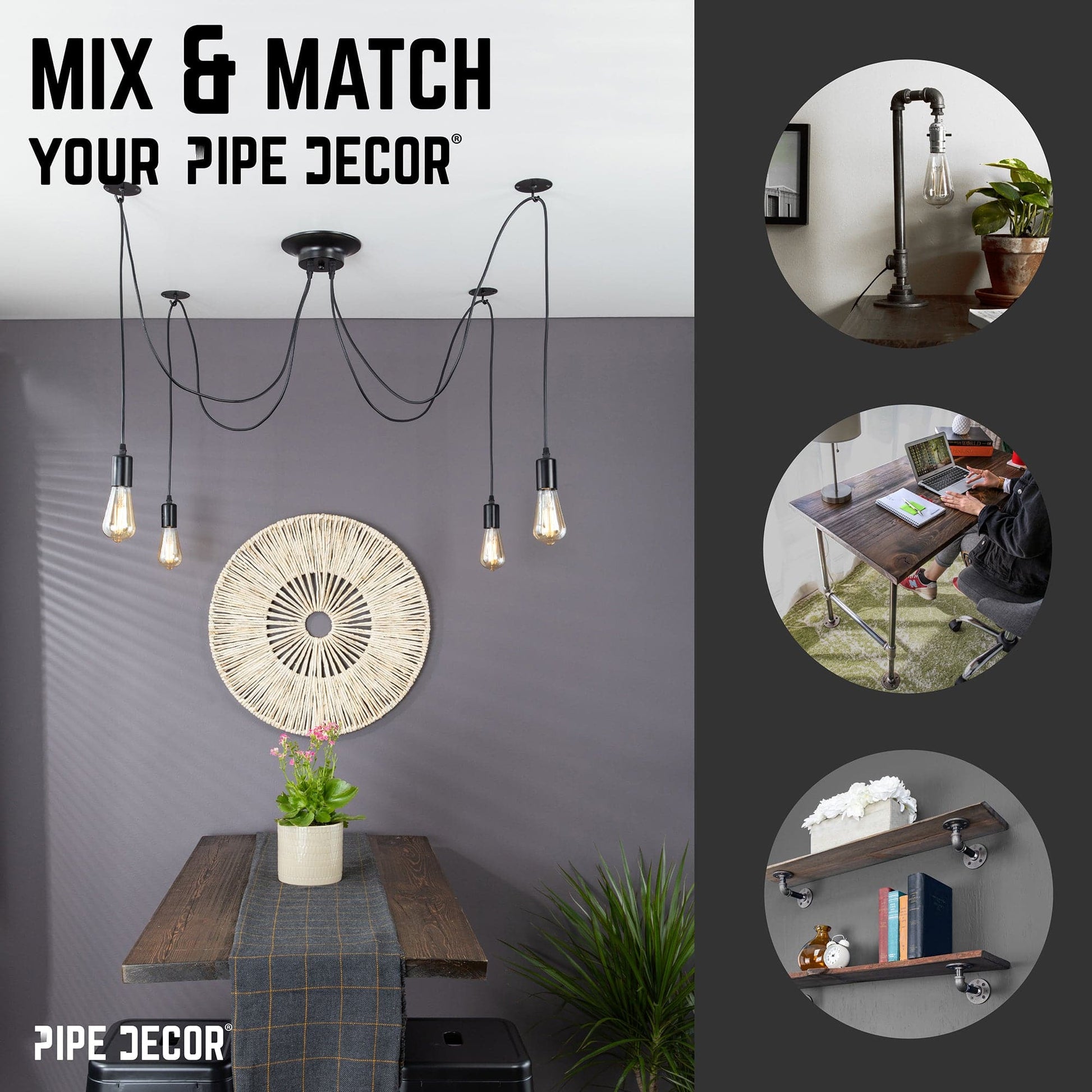Black Spider Pendant Light with 4 Adjustable Arms PIPE DECOR