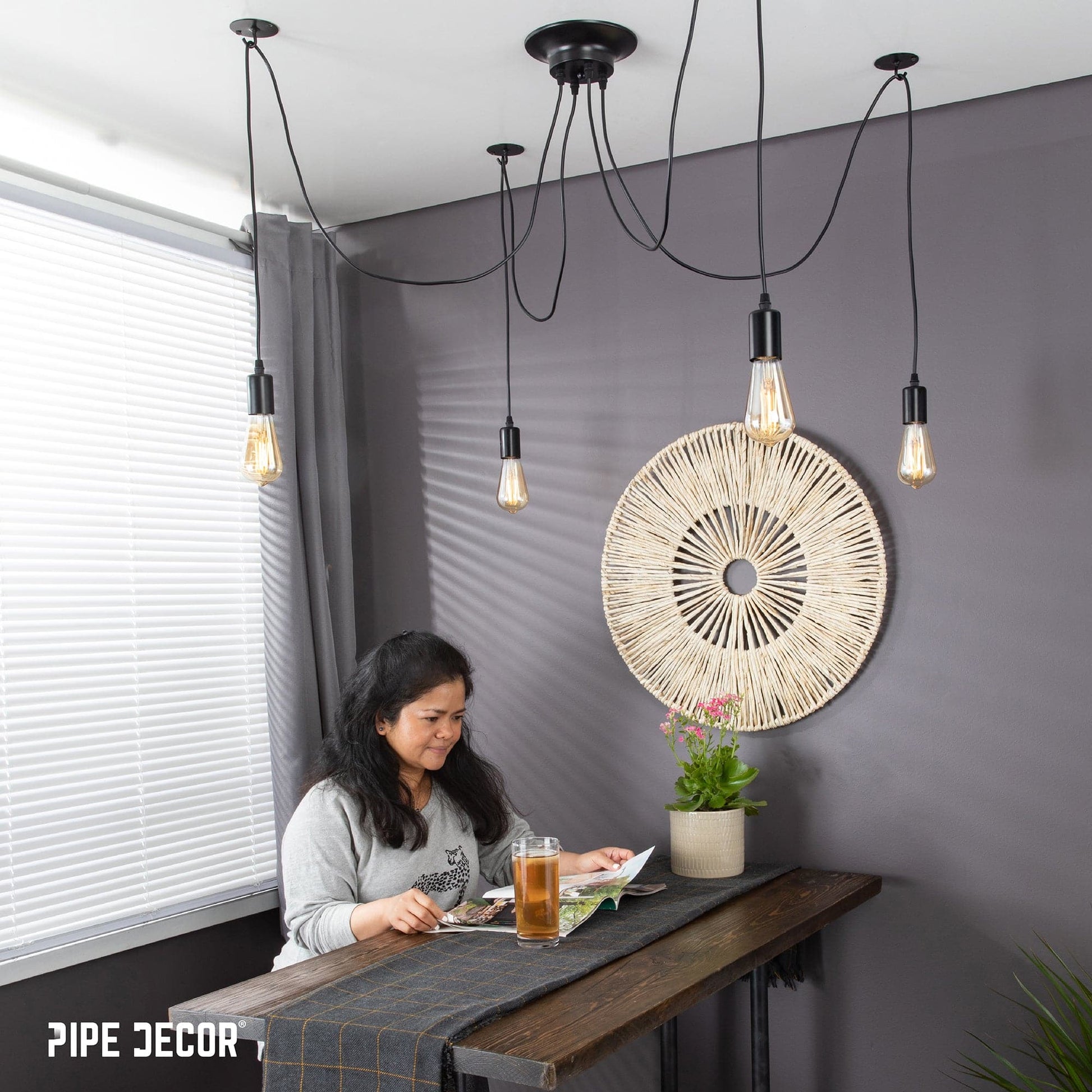 Black Spider Pendant Light with 4 Adjustable Arms PIPE DECOR