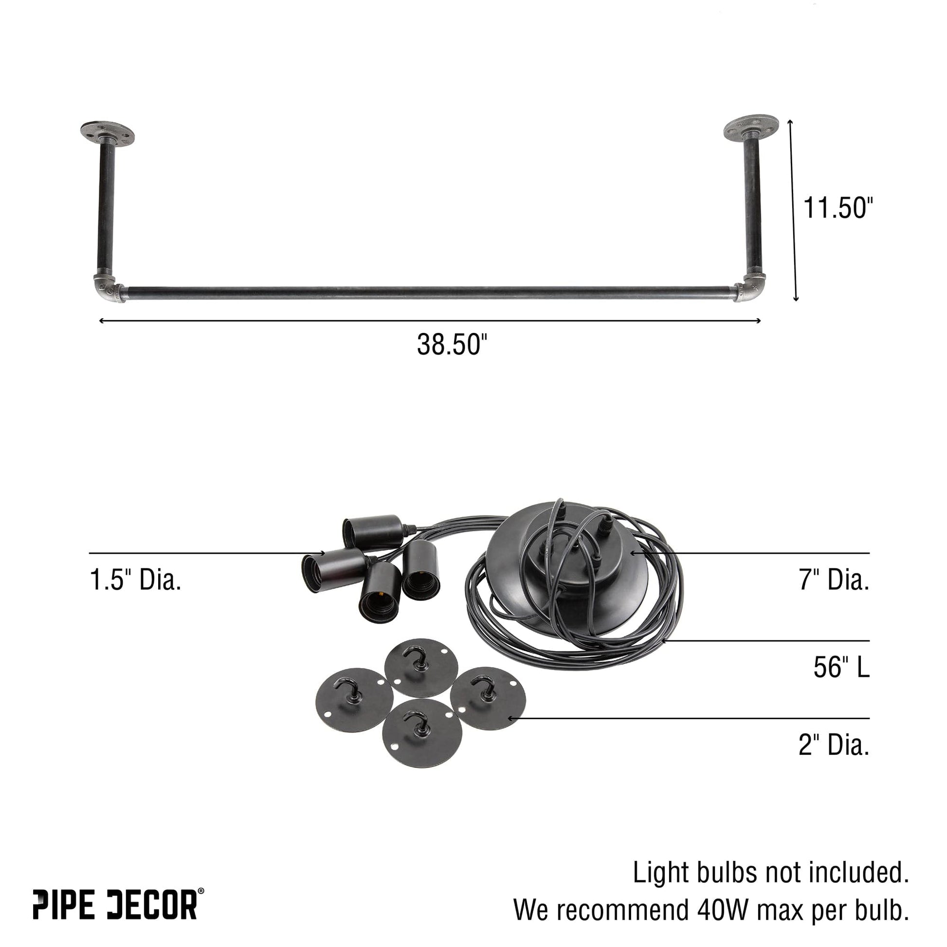 Black Spider Pendant Light Kit with Pipe Bar Hanging Accessory and 4 Adjustable Arms PIPE DECOR