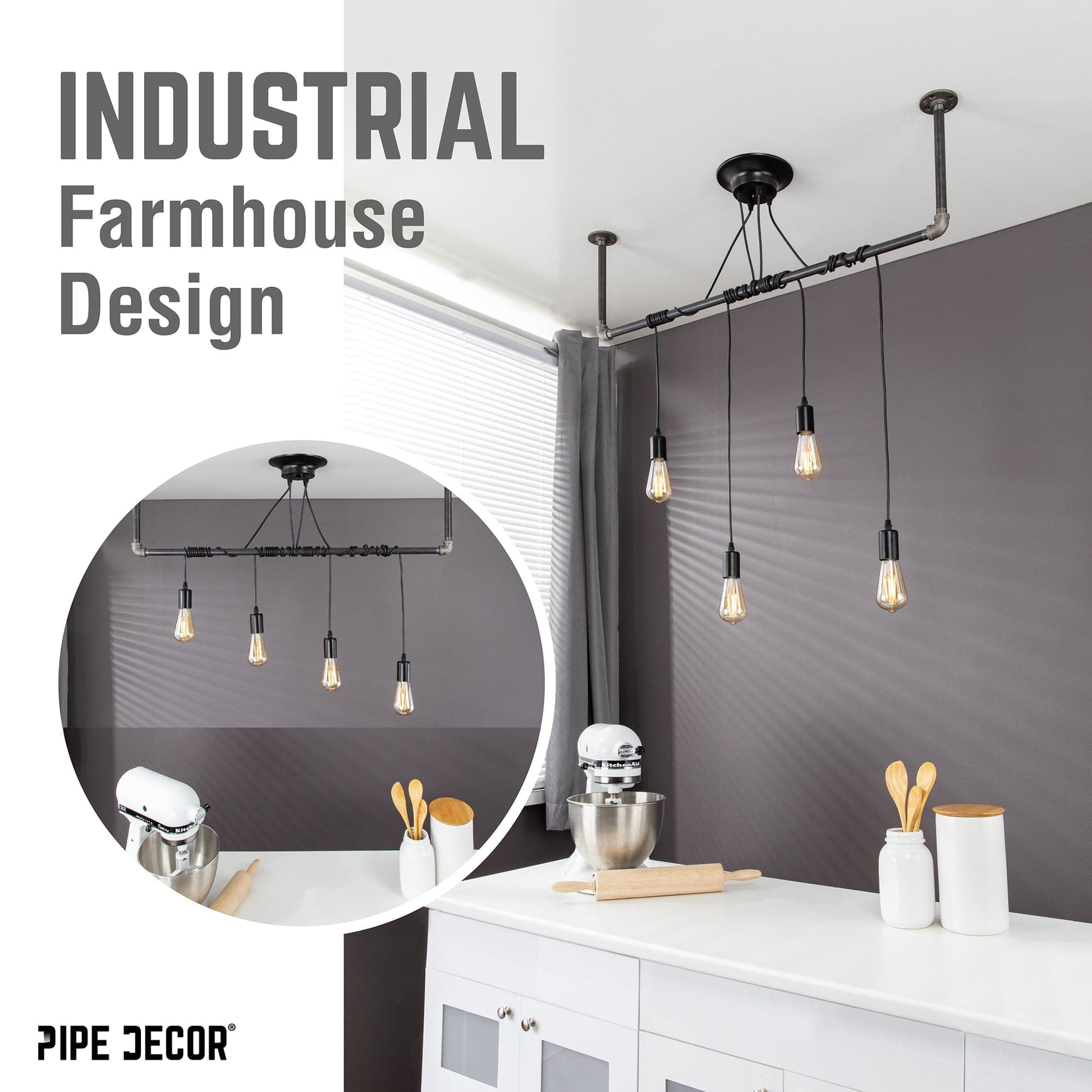 Black Spider Pendant Light Kit with Pipe Bar Hanging Accessory and 4 Adjustable Arms PIPE DECOR