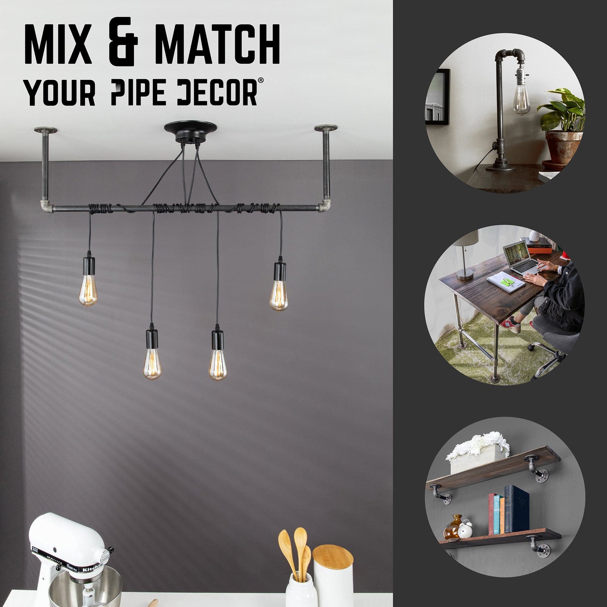 Black Spider Pendant Light Kit with Pipe Bar Hanging Accessory and 4 Adjustable Arms PIPE DECOR