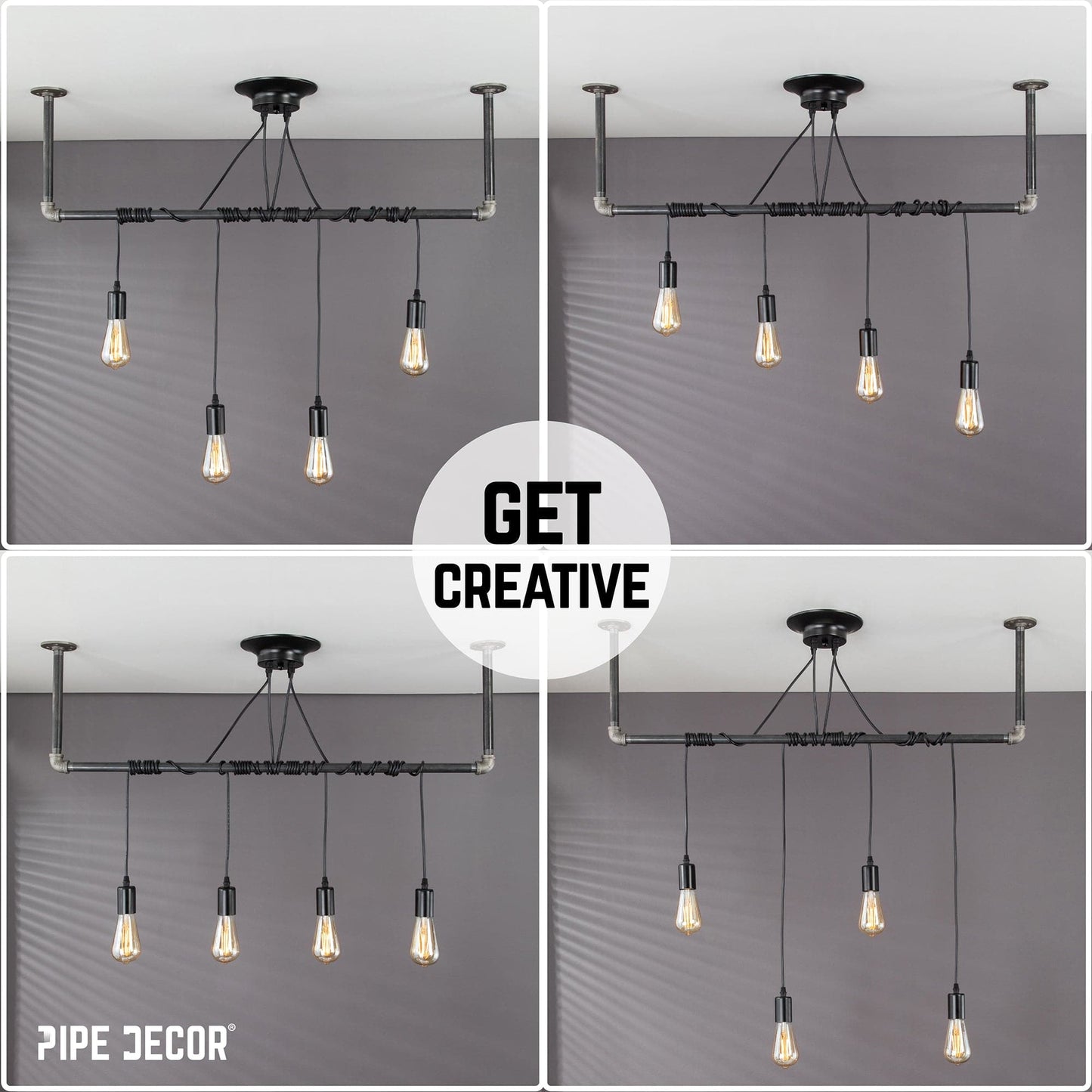 Black Spider Pendant Light Kit with Pipe Bar Hanging Accessory and 4 Adjustable Arms PIPE DECOR