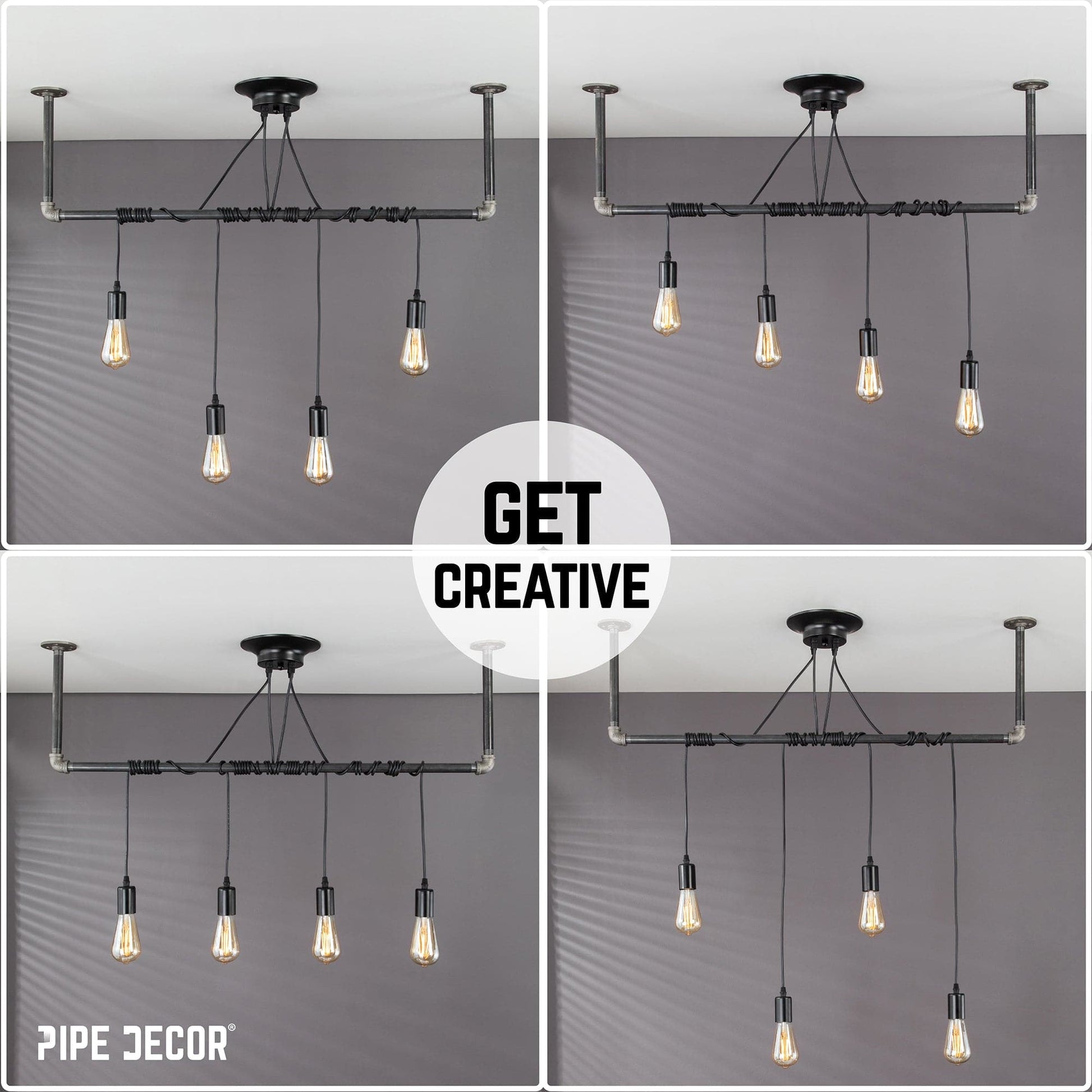 Black Spider Pendant Light Kit with Pipe Bar Hanging Accessory and 4 Adjustable Arms PIPE DECOR