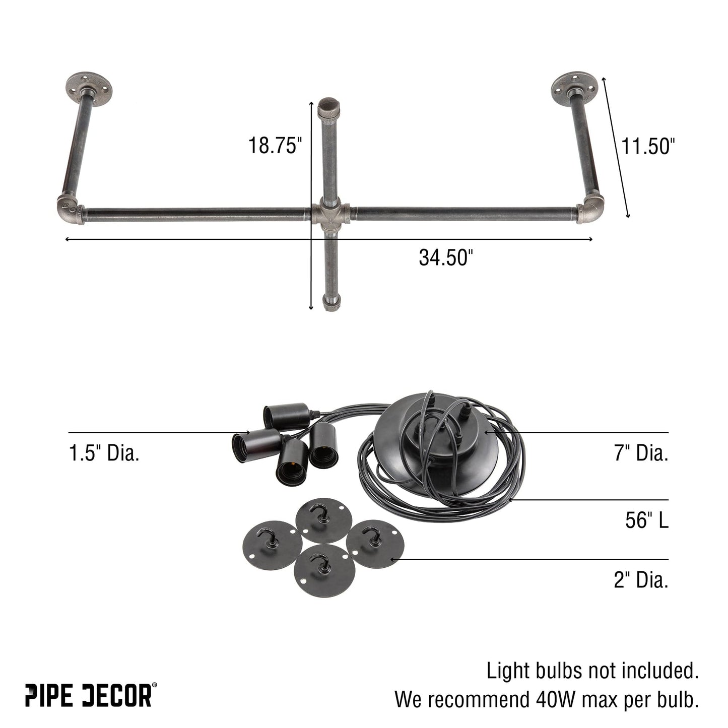 Black Spider Pendant Light Kit with Pipe Cross Hanging Accessory and 4 Adjustable Arms PIPE DECOR
