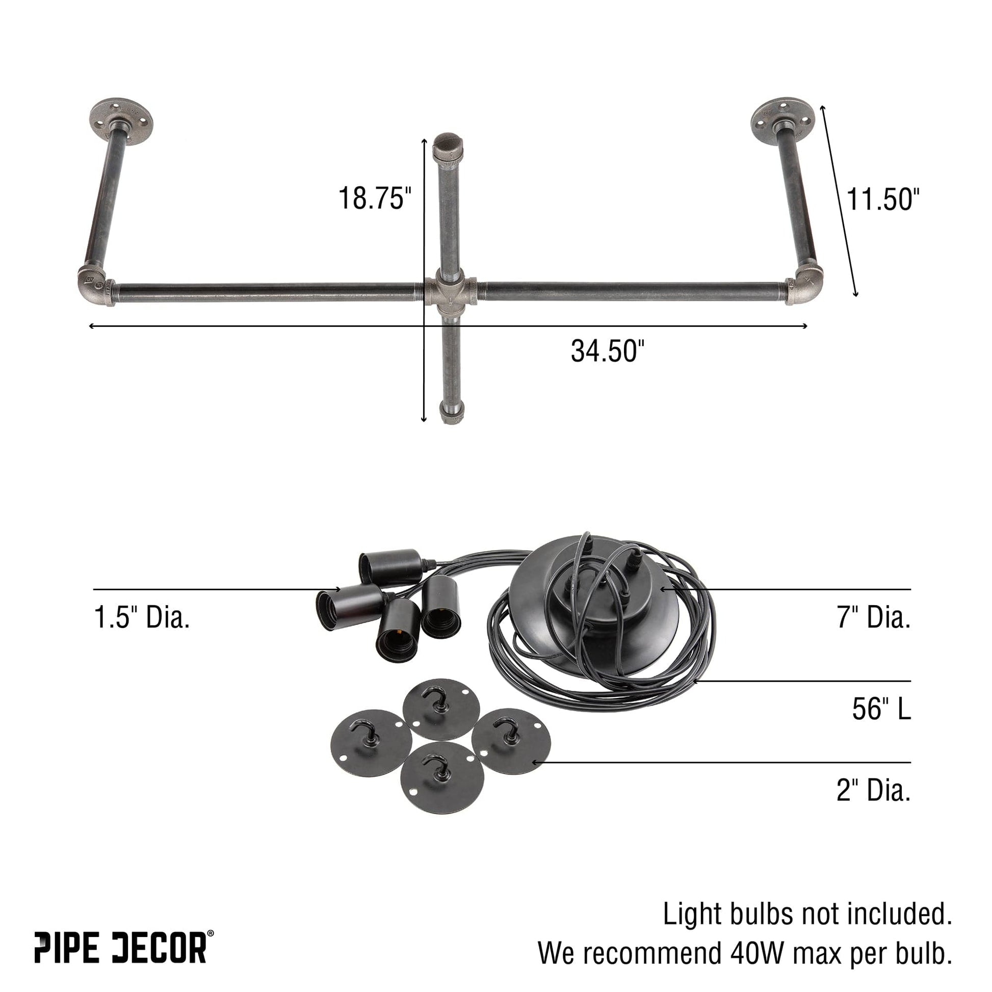 Black Spider Pendant Light Kit with Pipe Cross Hanging Accessory and 4 Adjustable Arms PIPE DECOR