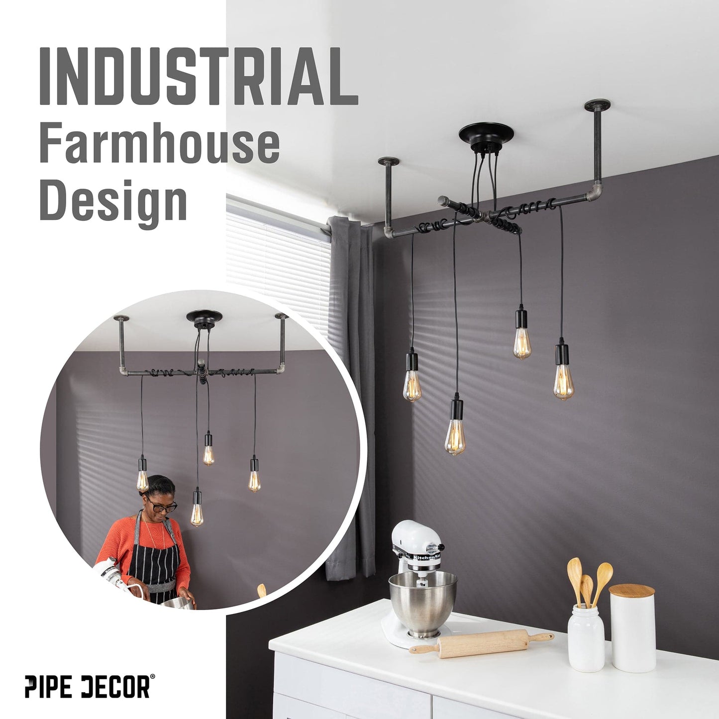 Black Spider Pendant Light Kit with Pipe Cross Hanging Accessory and 4 Adjustable Arms PIPE DECOR