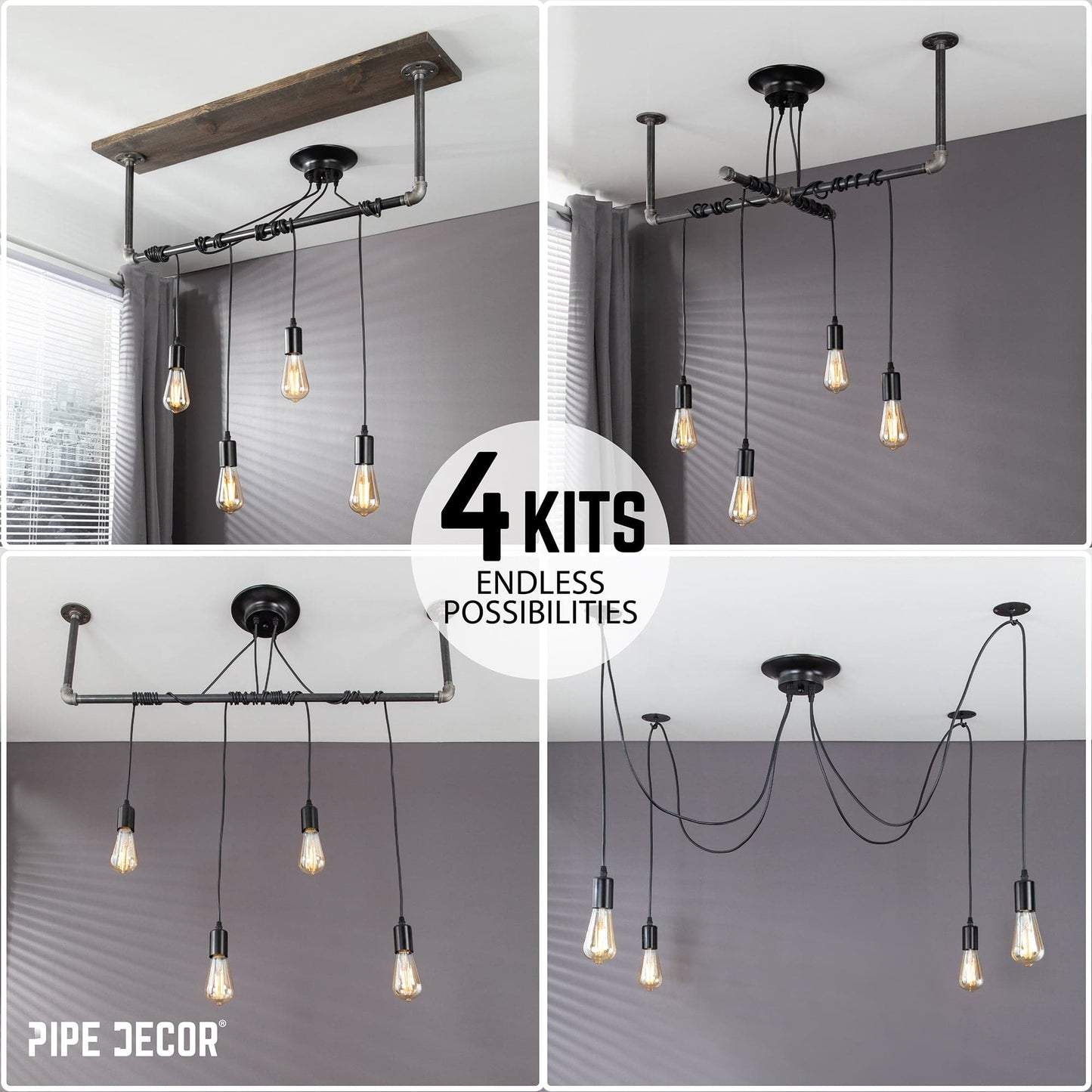 Black Spider Pendant Light Kit with Pipe Cross Hanging Accessory and 4 Adjustable Arms PIPE DECOR