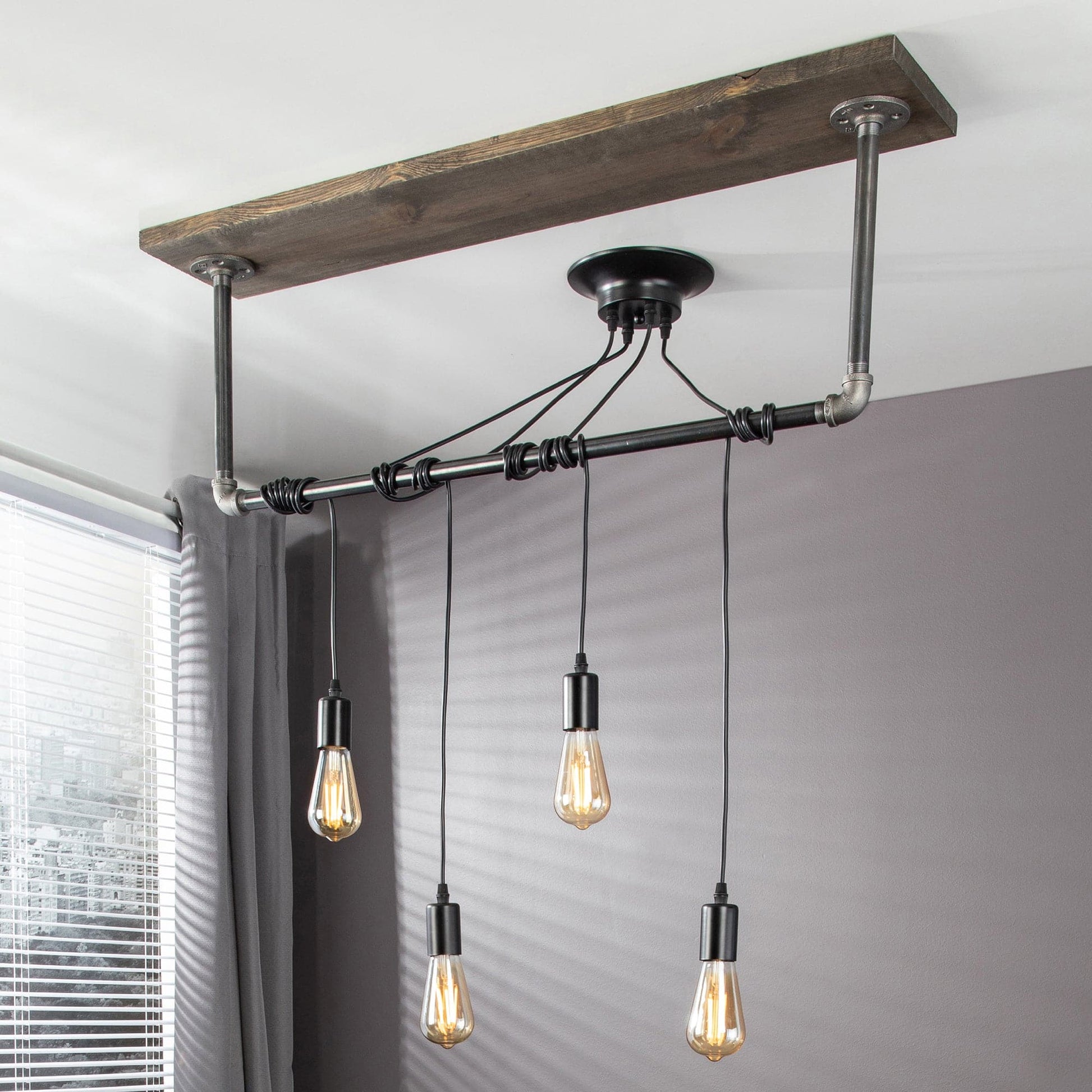 Black Spider Pendant Light Kit with Wood and Pipe Bar Hanging Accessory and 4 Adjustable Arms PIPE DECOR