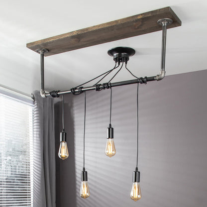 Black Spider Pendant Light Kit with Wood and Pipe Bar Hanging Accessory and 4 Adjustable Arms PIPE DECOR