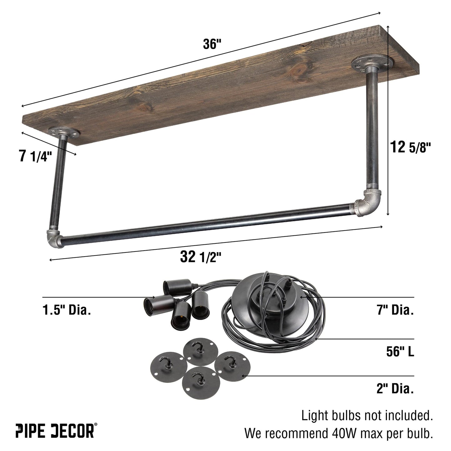 Black Spider Pendant Light Kit with Wood and Pipe Bar Hanging Accessory and 4 Adjustable Arms PIPE DECOR