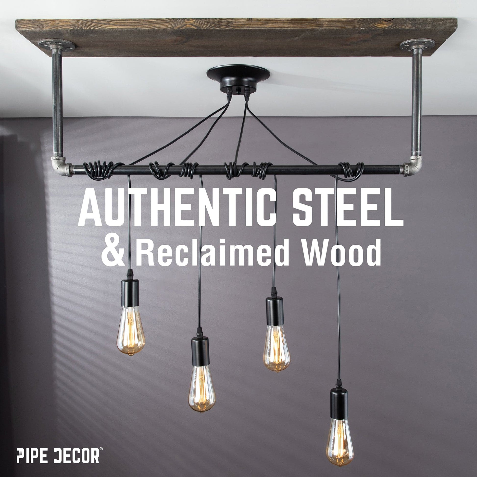 Black Spider Pendant Light Kit with Wood and Pipe Bar Hanging Accessory and 4 Adjustable Arms PIPE DECOR