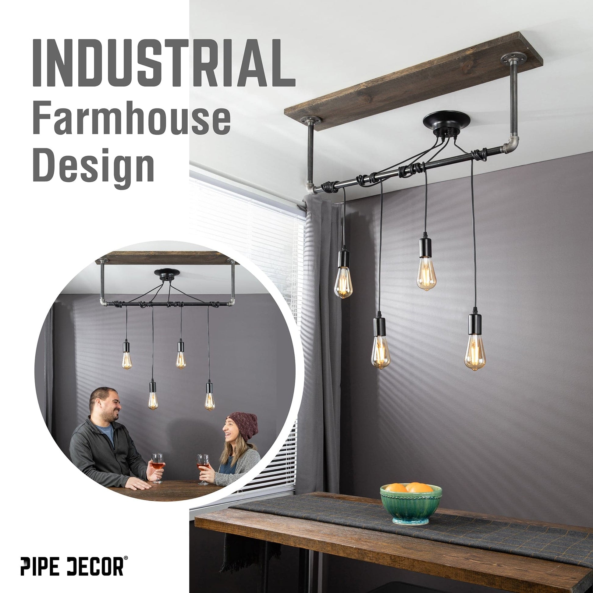 Black Spider Pendant Light Kit with Wood and Pipe Bar Hanging Accessory and 4 Adjustable Arms PIPE DECOR