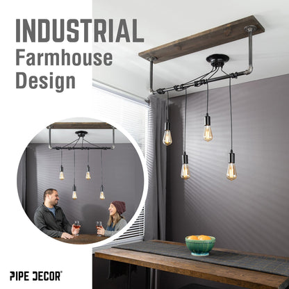 Black Spider Pendant Light Kit with Wood and Pipe Bar Hanging Accessory and 4 Adjustable Arms PIPE DECOR