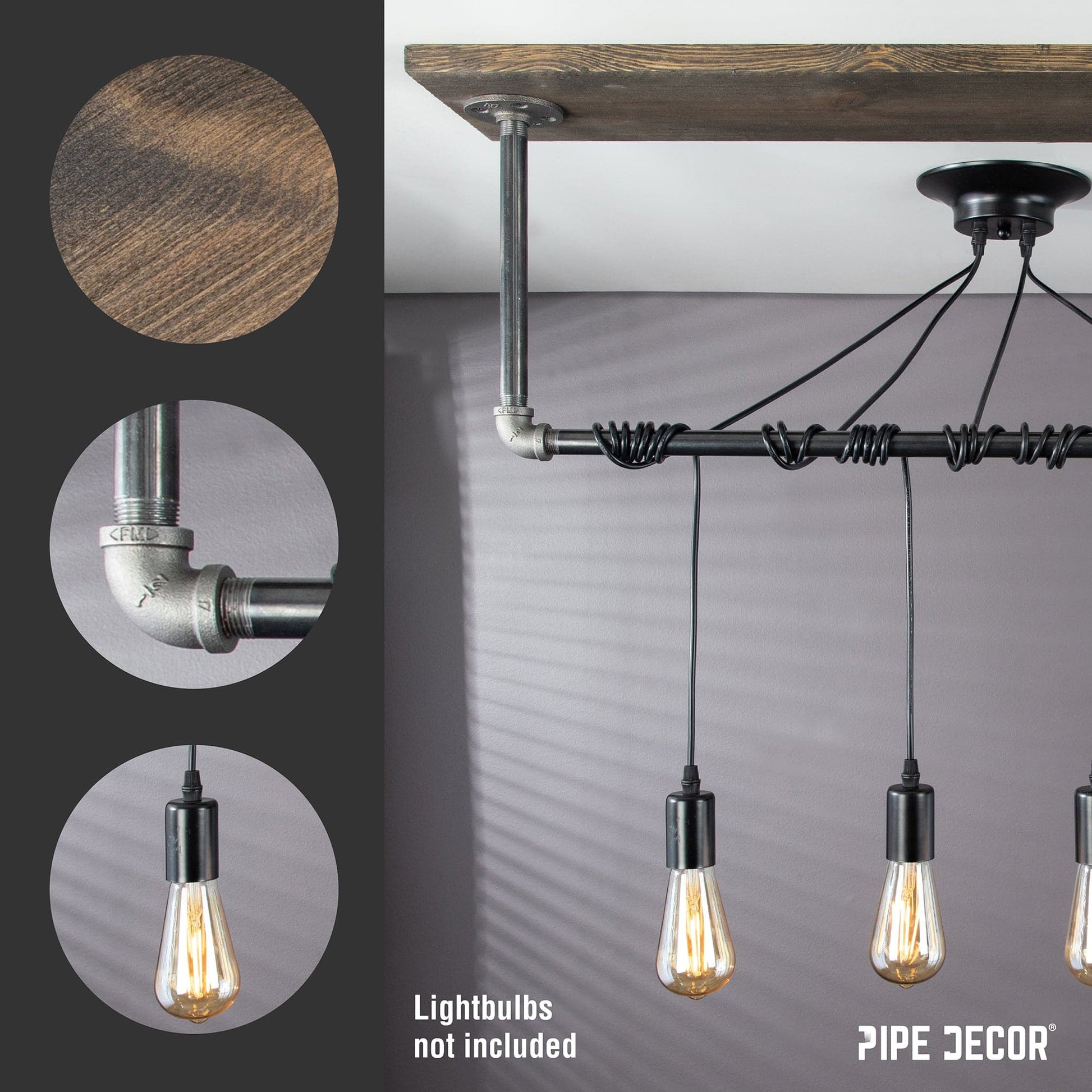 Black Spider Pendant Light Kit with Wood and Pipe Bar Hanging Accessory and 4 Adjustable Arms PIPE DECOR