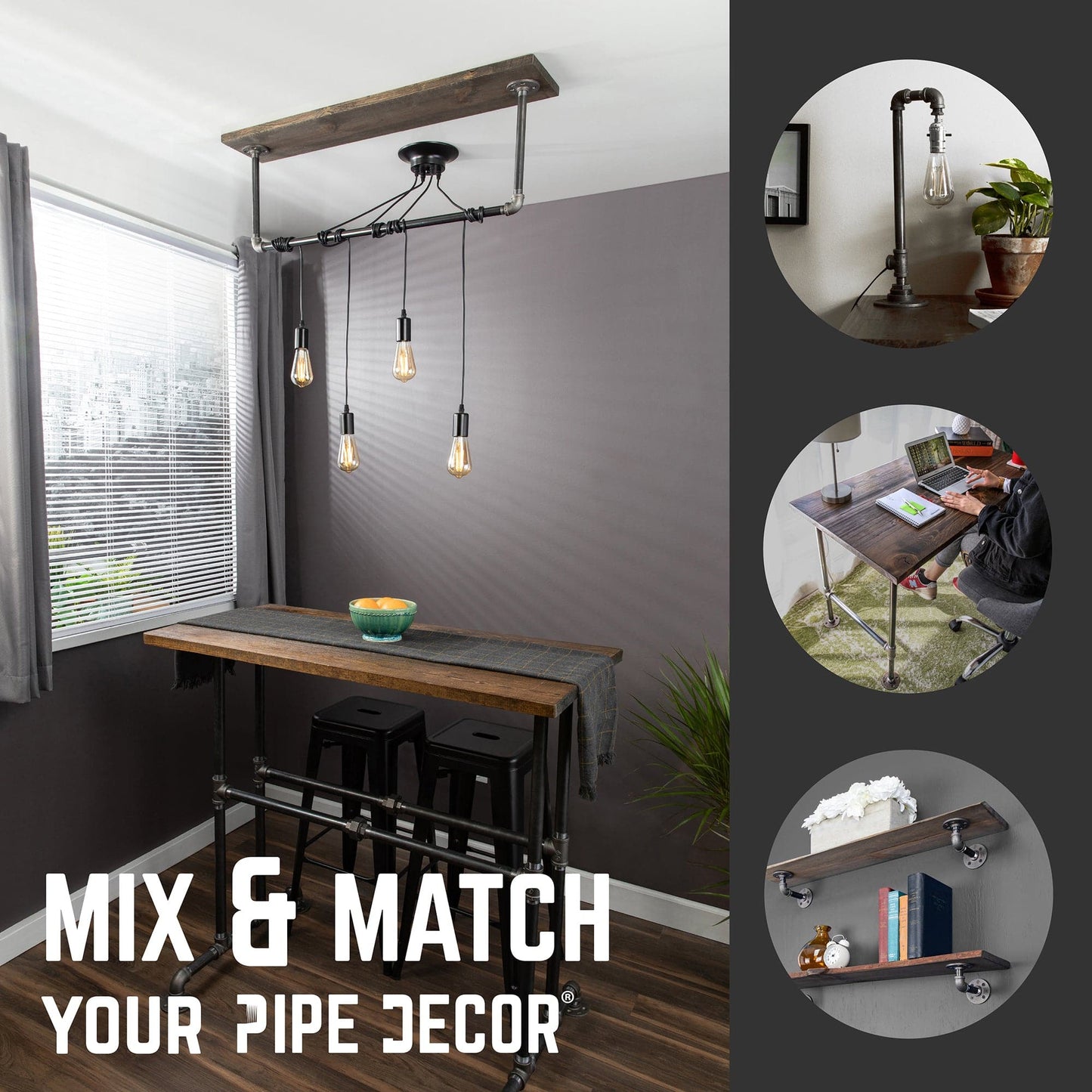 Black Spider Pendant Light Kit with Wood and Pipe Bar Hanging Accessory and 4 Adjustable Arms PIPE DECOR