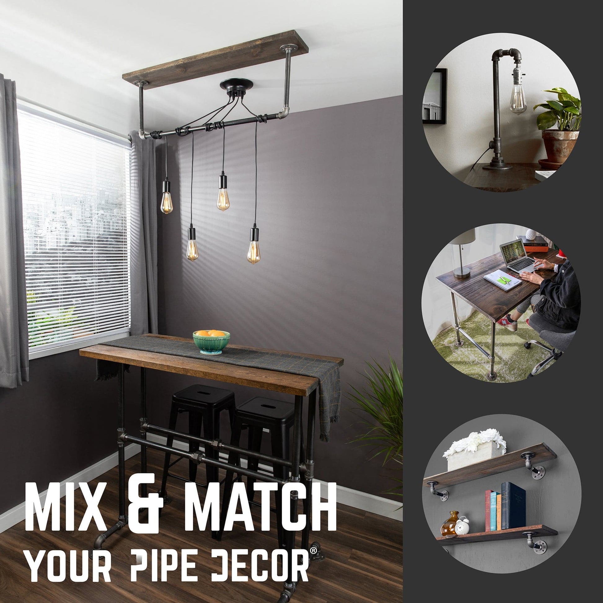 Black Spider Pendant Light Kit with Wood and Pipe Bar Hanging Accessory and 4 Adjustable Arms PIPE DECOR