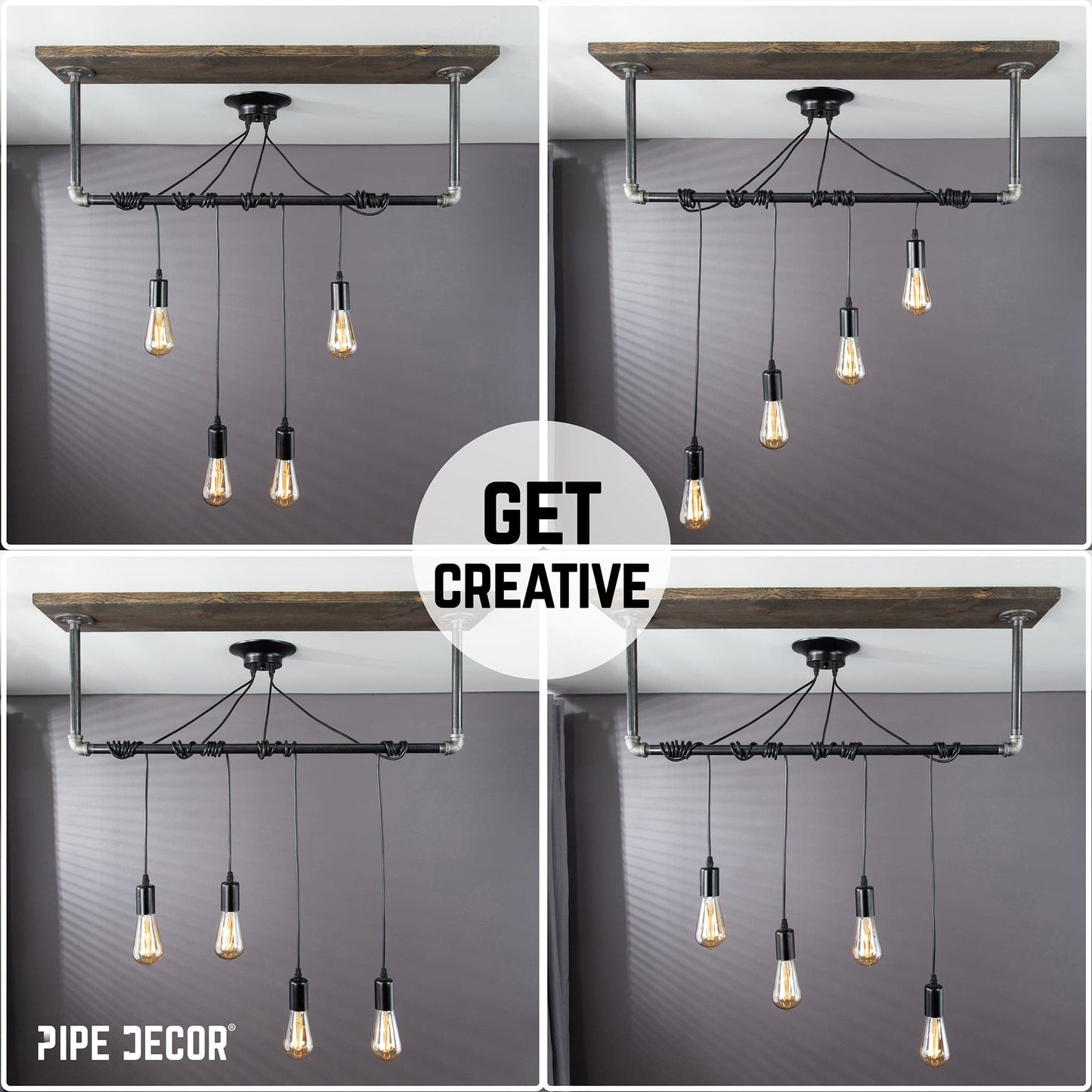Black Spider Pendant Light Kit with Wood and Pipe Bar Hanging Accessory and 4 Adjustable Arms PIPE DECOR