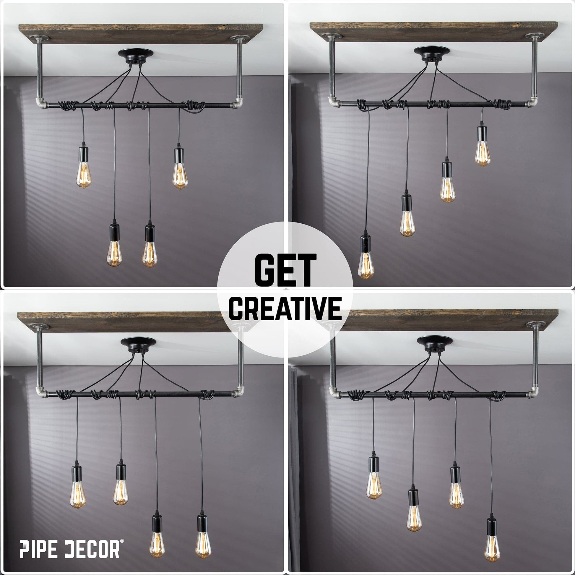 Black Spider Pendant Light Kit with Wood and Pipe Bar Hanging Accessory and 4 Adjustable Arms PIPE DECOR