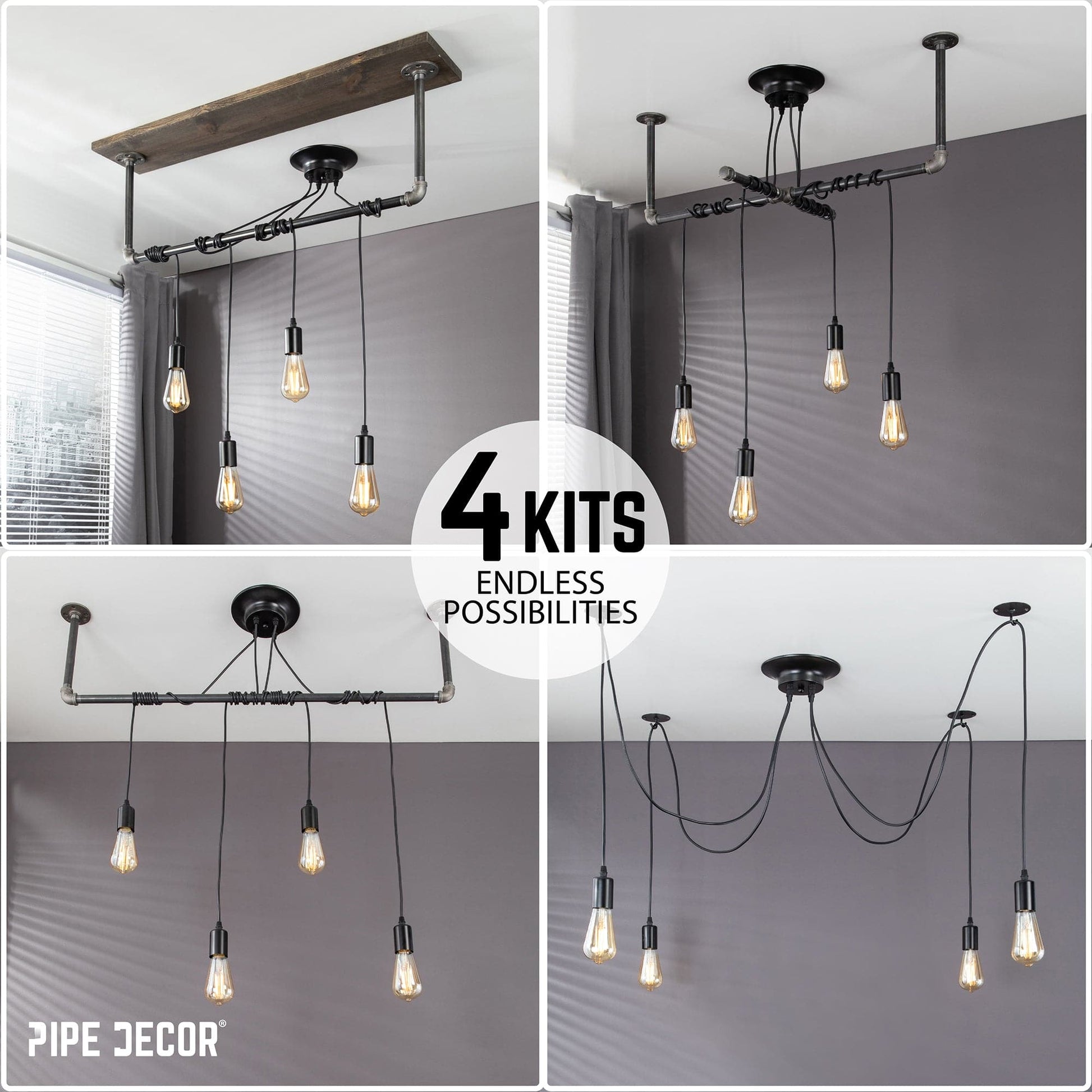 Black Spider Pendant Light Kit with Wood and Pipe Bar Hanging Accessory and 4 Adjustable Arms PIPE DECOR