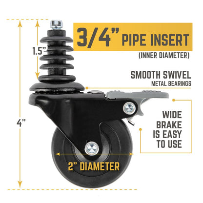 Swivel Caster Wheels for ¾" Pipe (4-Pack) PIPE DECOR