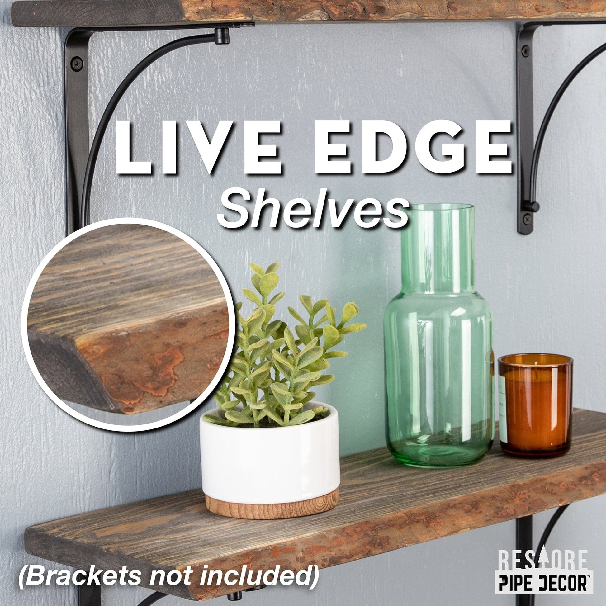 RESTORE Boulder Black 24 in. Live Edge Wood Shelf (Wood Only) PIPE DECOR