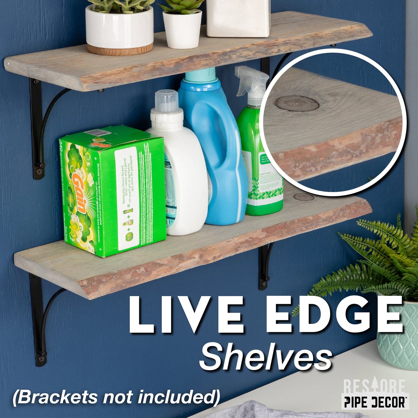 RESTORE Riverstone Grey 24 in. Live Edge Wood Shelf (Wood Only) PIPE DECOR
