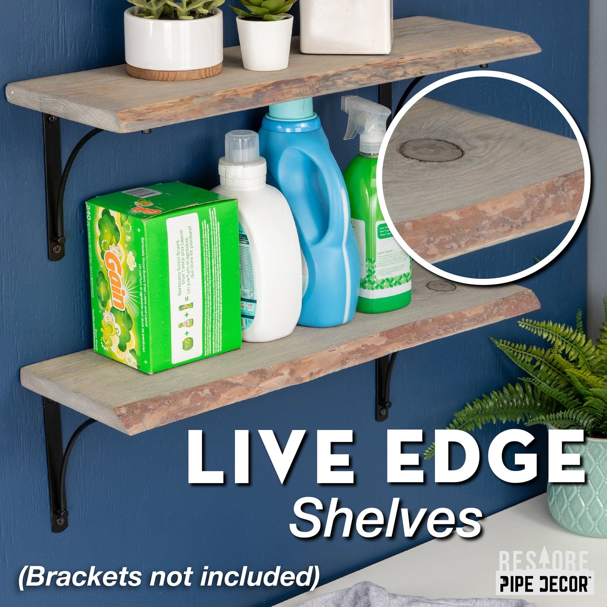 RESTORE Riverstone Grey 24 in. Live Edge Wood Shelf (Wood Only) PIPE DECOR