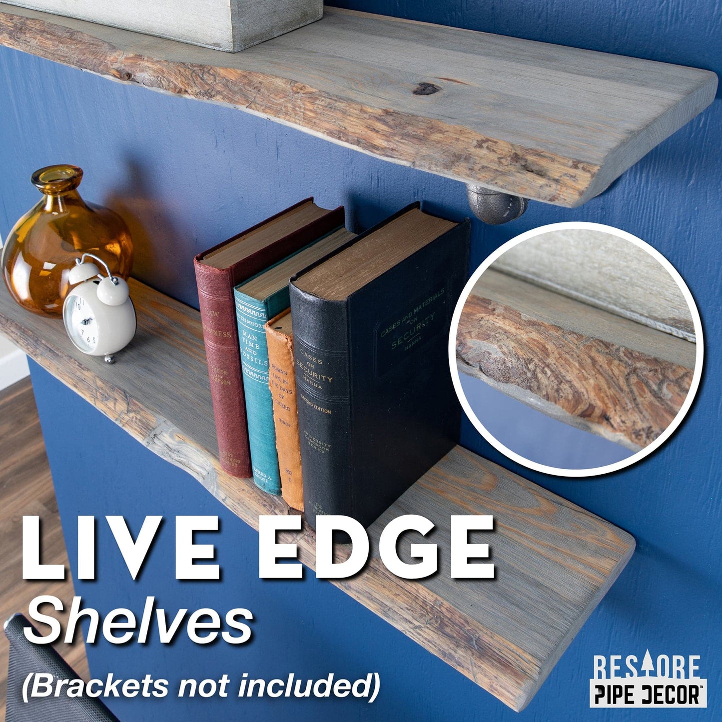 RESTORE Riverstone Grey 36 in. Live Edge Wood Shelf (Wood Only) PIPE DECOR