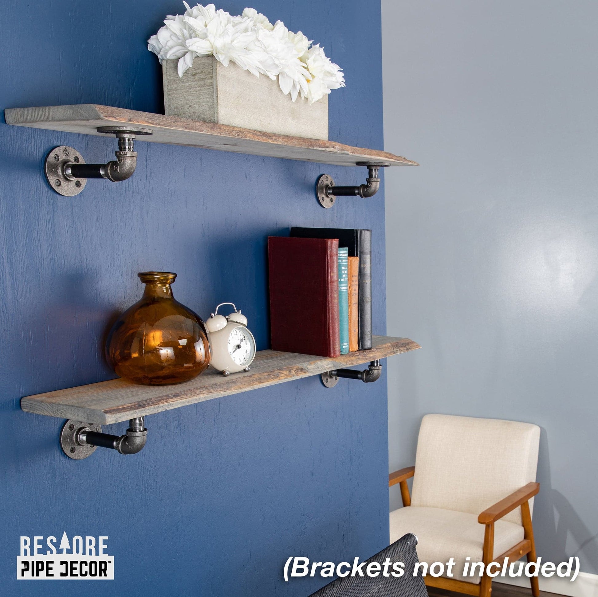RESTORE Riverstone Grey 36 in. Live Edge Wood Shelf (Wood Only) PIPE DECOR