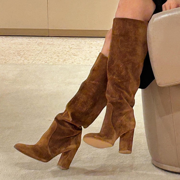 Women’s Suede High Heel Boots | Pleated Thick Heel Pointed Toe FitiqueFit
