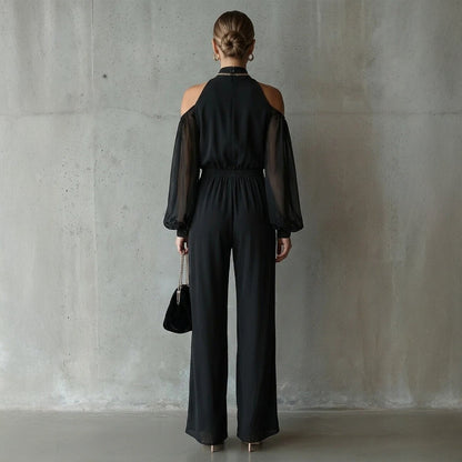 Black Embroidered Women’s Long-Sleeve Wide-Leg Jumpsuit FitiqueFit
