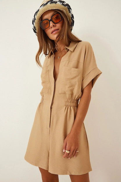 Women's Cotton Linen Loose-Fit Workwear Jumpsuit With Pockets FitiqueFit