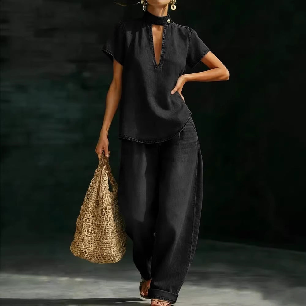Faux Denim Two-Piece Set – Loose-Fit Short-Sleeve & Pants FitiqueFit