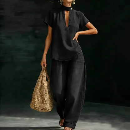 Faux Denim Two-Piece Set – Loose-Fit Short-Sleeve & Pants FitiqueFit