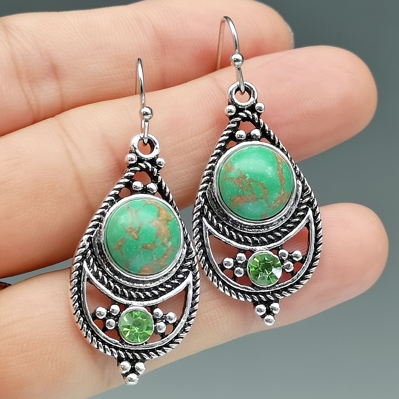 [Vintage Boho Earrings] Green Aventurine Vintage Boho Dangling Earrings | Alloy, English Style, Stainless Steel Ear Needle, for Daily Wear, Office, Street, Party, Vacation, Gift NovaCart