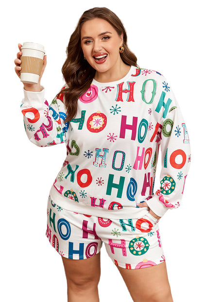 White Plus Size Christmas Ho Ho Ho Print Long Sleeve Top and Shorts 2pc Lounge Set Garden Naked Curves