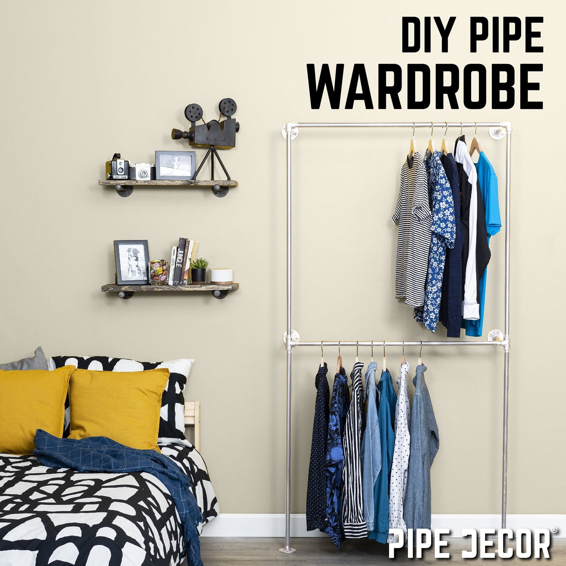 Galvanized Wall Mounted Double Hung Clothing Rack PIPE DECOR