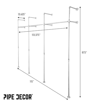 115 in. Galvanized Wall Mounted Clothing Rack, Triple PIPE DECOR